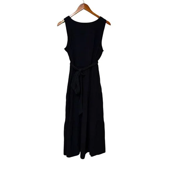J.Crew Black Sleeveless Tiered Midi Dress With Waist Tie Size 12 - Picture 2 of 7